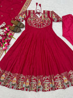 Rani Pink Embroidered Anarkali Suit Set with Dupatta for Diwali & Karwa Chauth Festive Wear