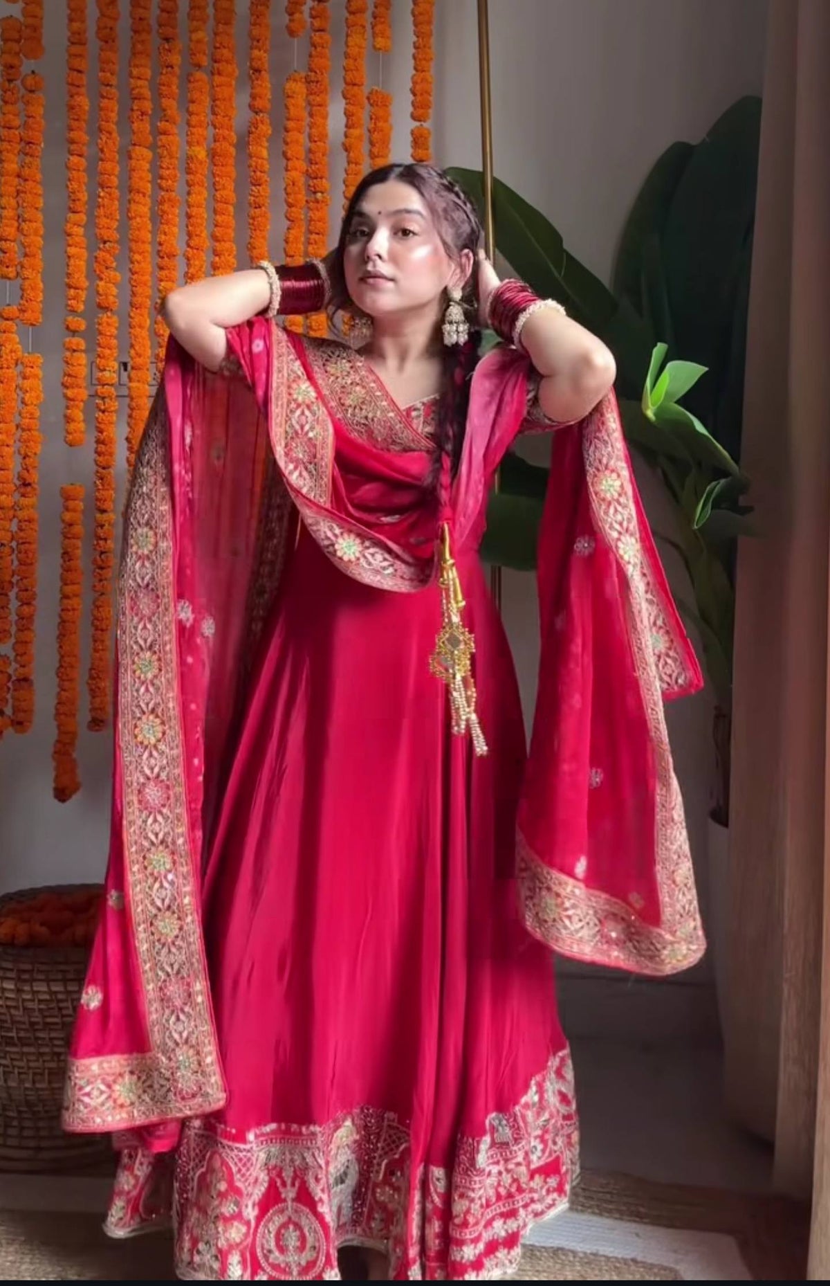 Rani Pink Embroidered Anarkali Suit Set with Dupatta for Diwali & Karwa Chauth Festive Wear