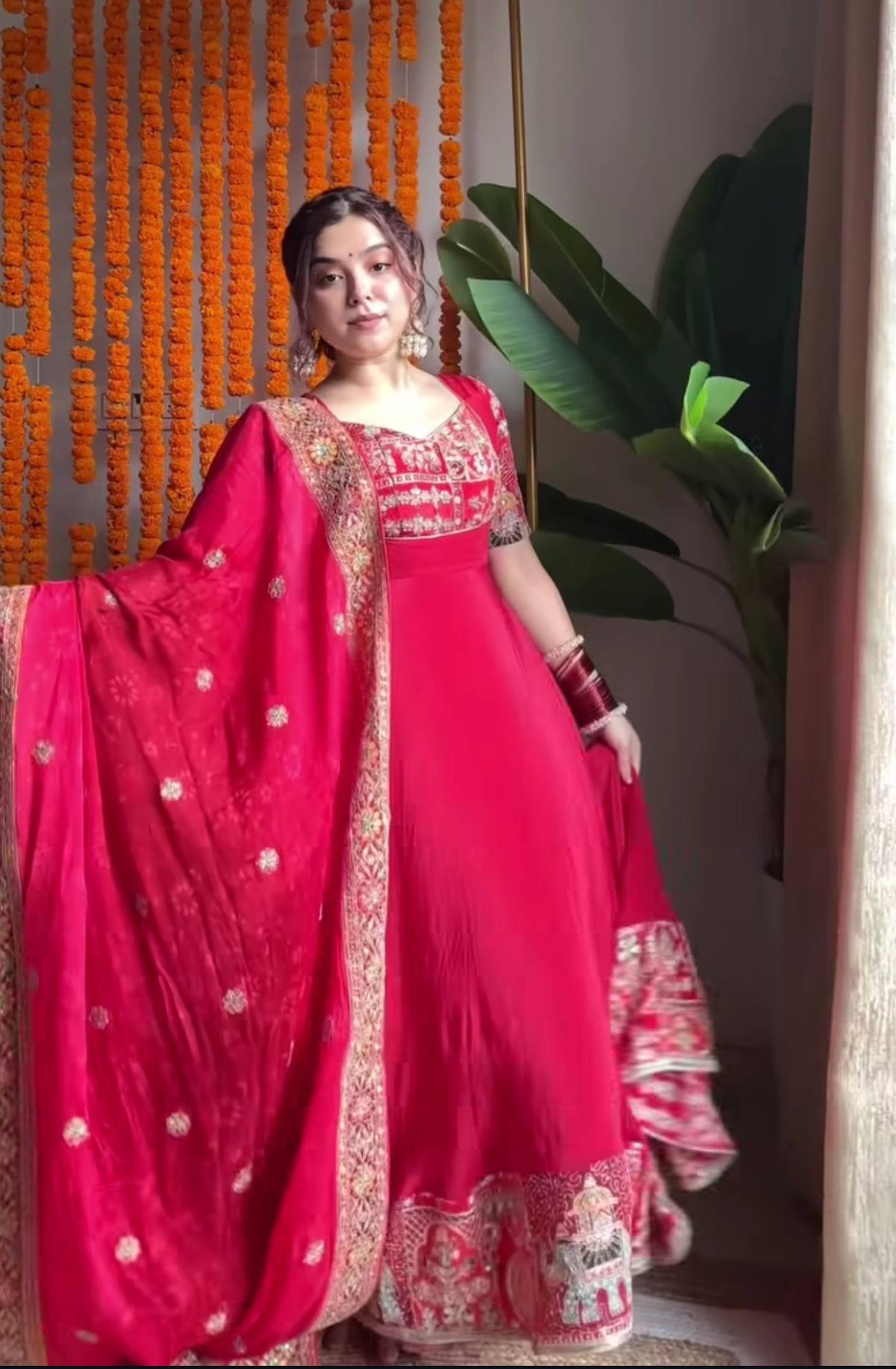 Rani Pink Embroidered Anarkali Suit Set with Dupatta for Diwali & Karwa Chauth Festive Wear