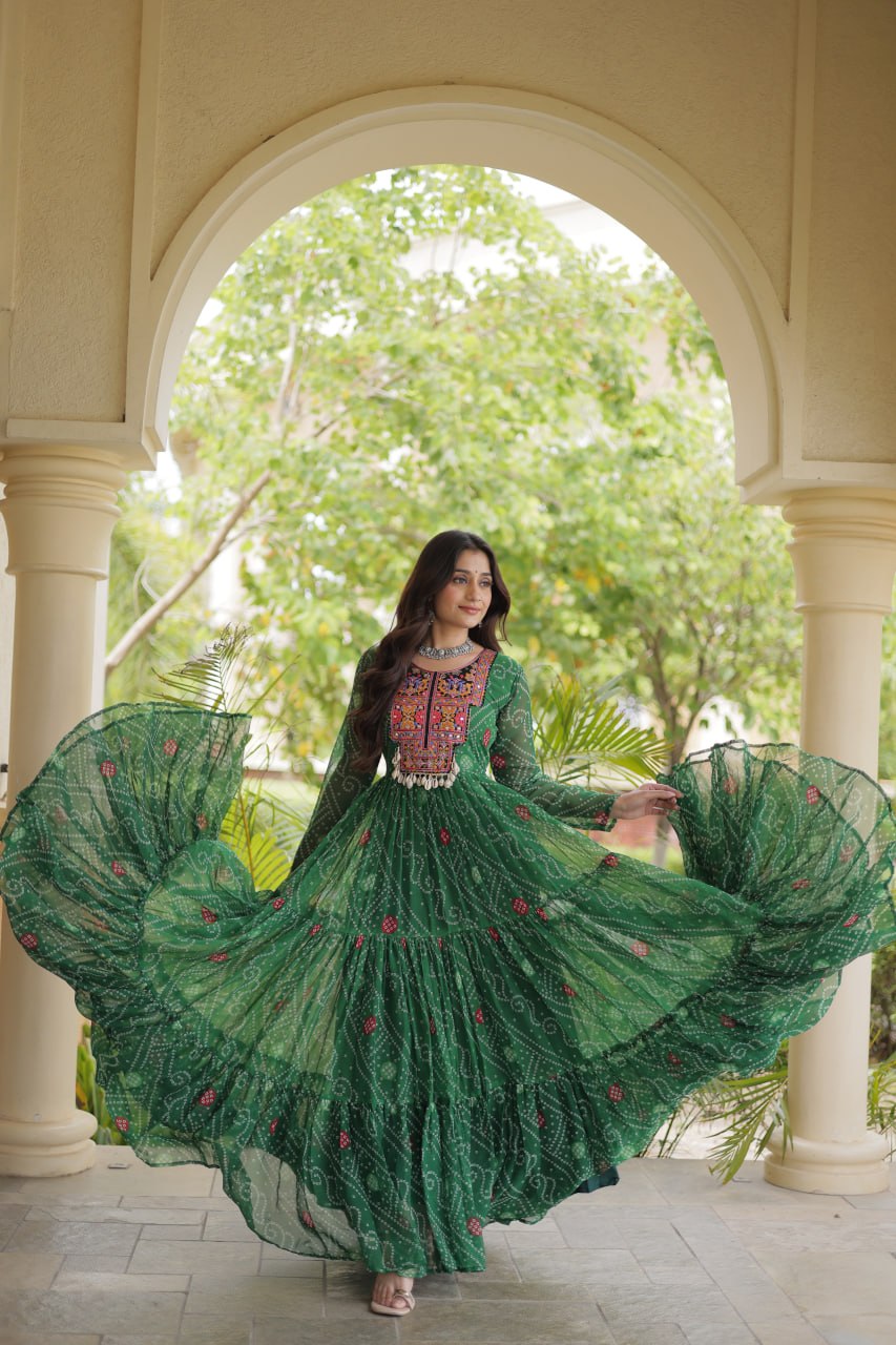 Navratri Bandhani Print Kutchi Patchwork Faux Georgette Flared Festive Gown for Women