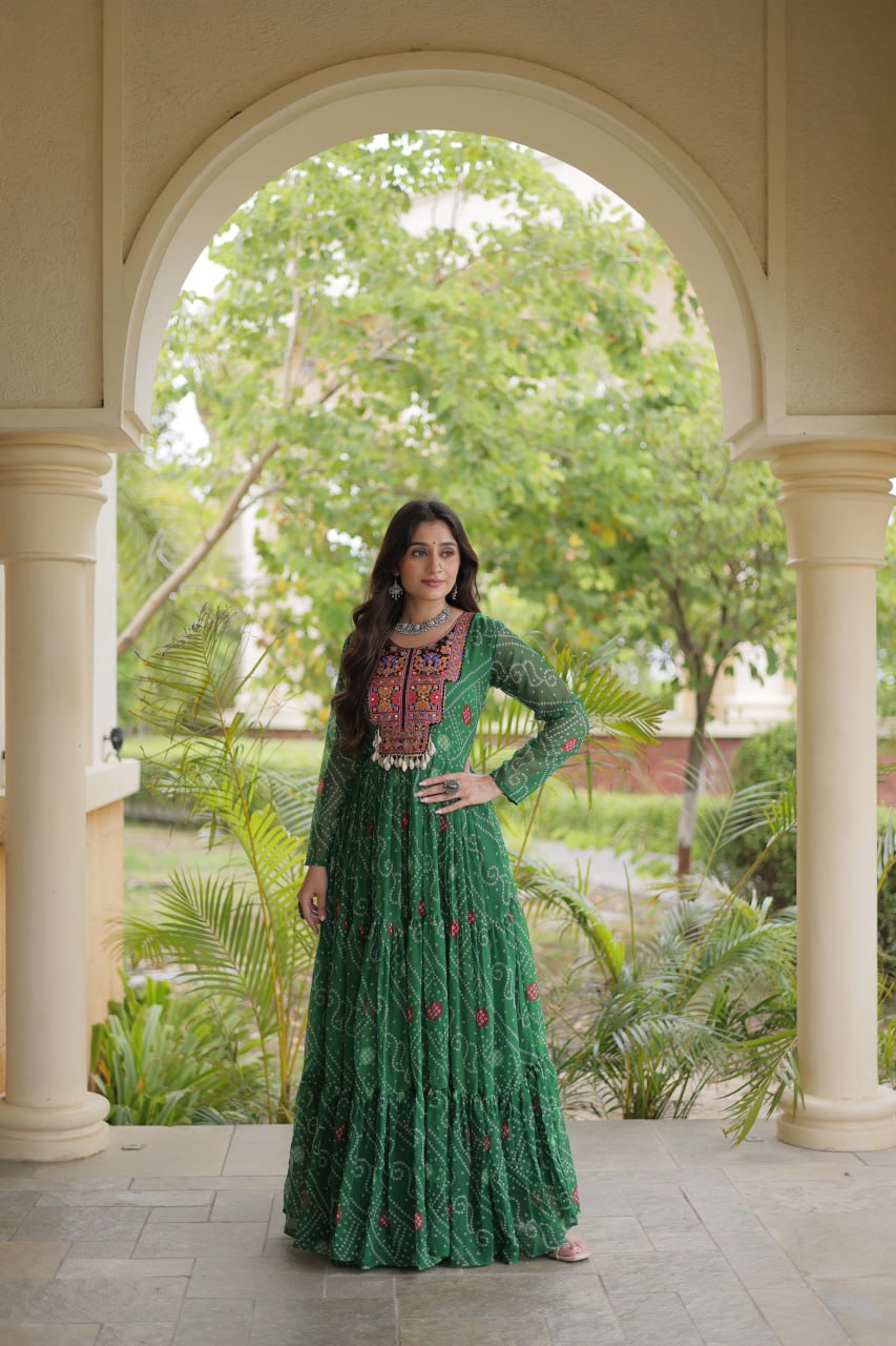 Navratri Bandhani Print Kutchi Patchwork Faux Georgette Flared Festive Gown for Women