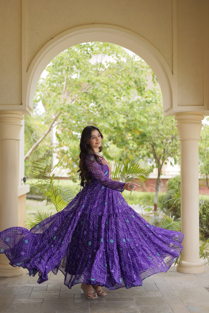Navratri Bandhani Print Kutchi Patchwork Faux Georgette Flared Festive Gown for Women