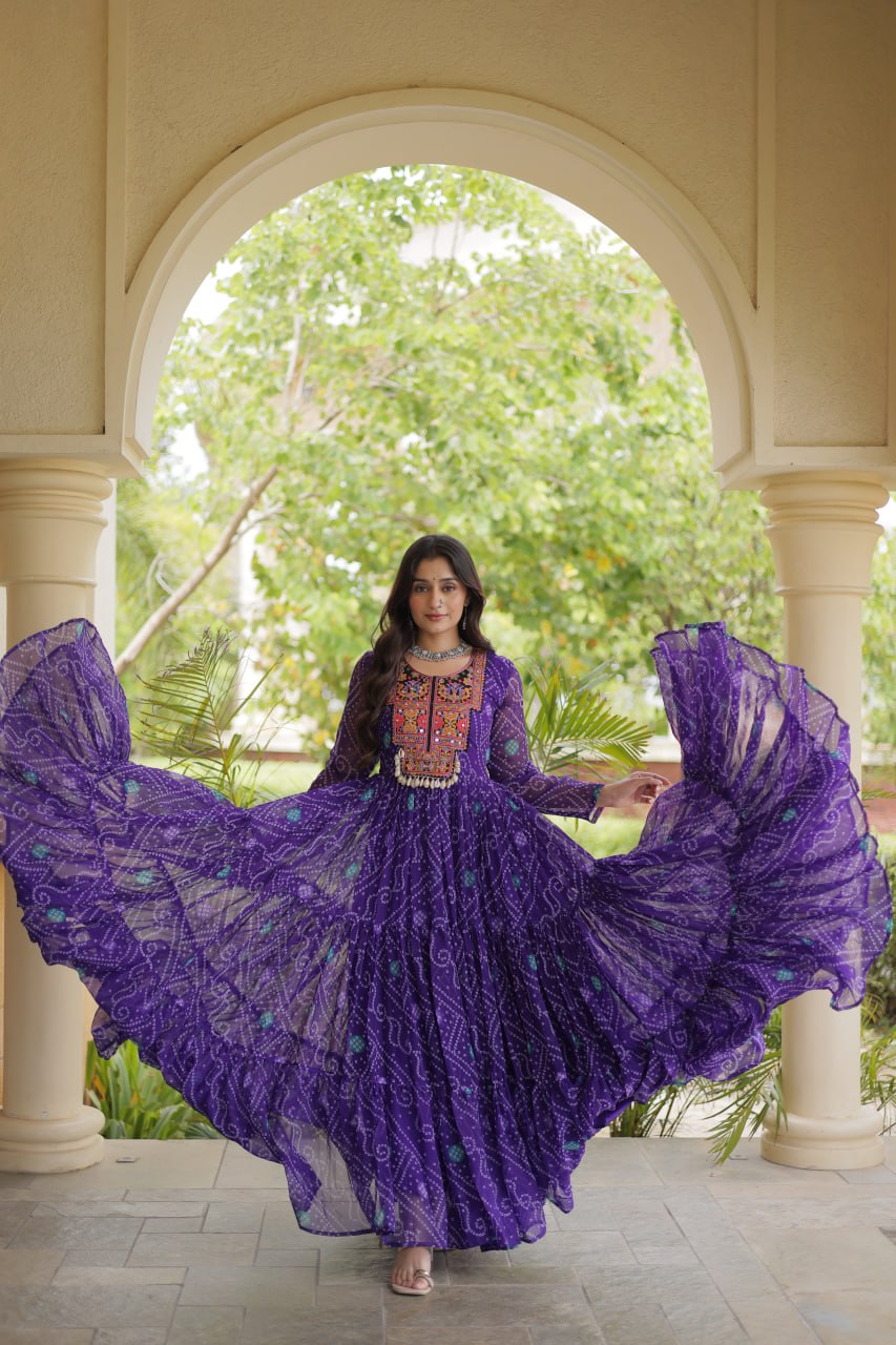 Navratri Bandhani Print Kutchi Patchwork Faux Georgette Flared Festive Gown for Women