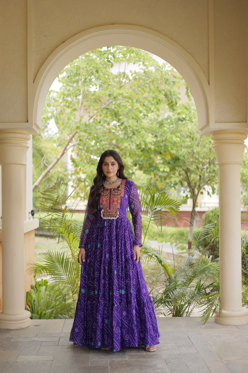 Navratri Bandhani Print Kutchi Patchwork Faux Georgette Flared Festive Gown for Women
