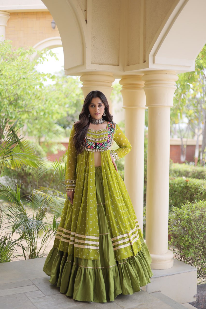 Beautiful Bandhani Kutchi Patchwork Kurti with Flared Lehenga Festive Set