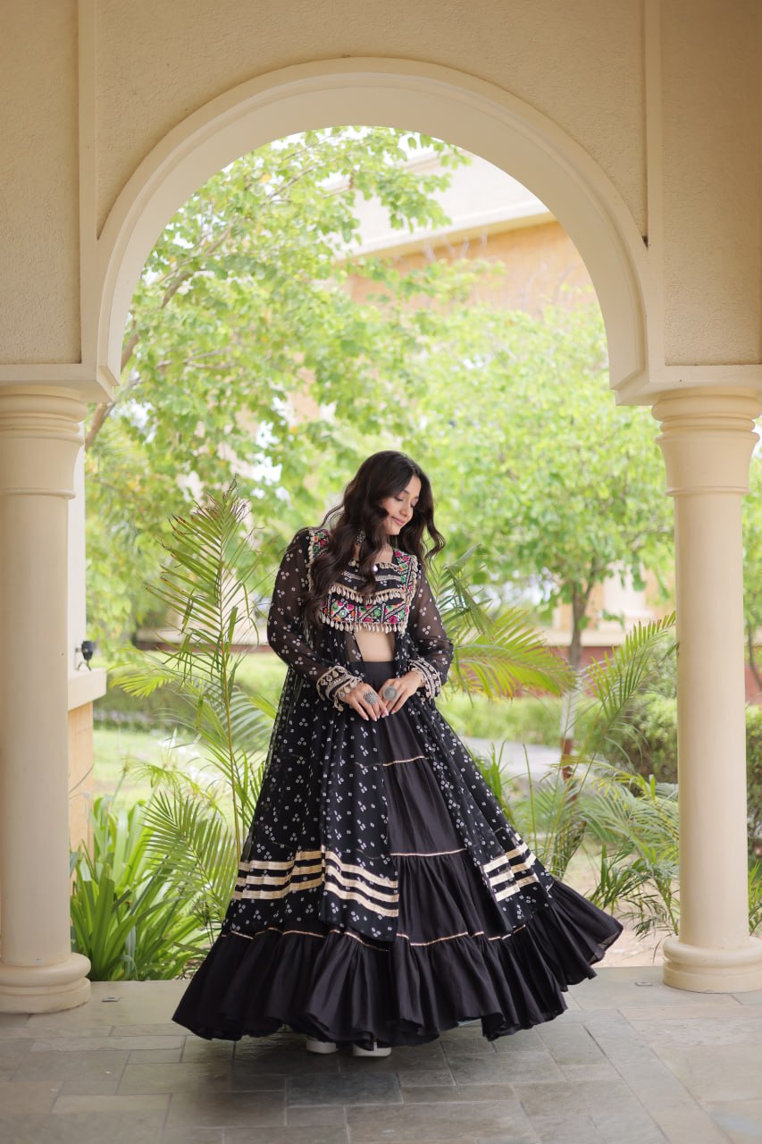 Beautiful Bandhani Kutchi Patchwork Kurti with Flared Lehenga Festive Set