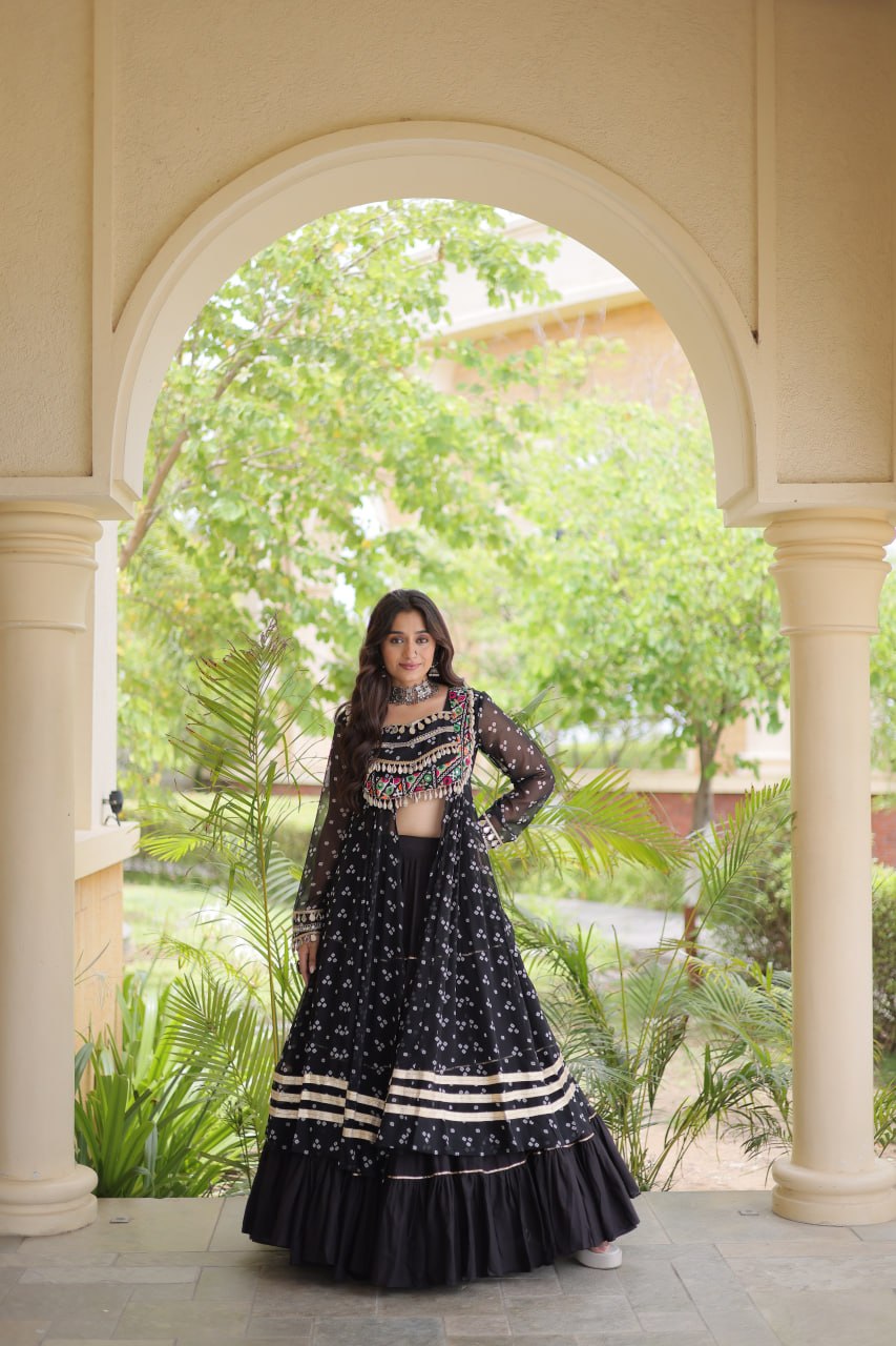 Beautiful Bandhani Kutchi Patchwork Kurti with Flared Lehenga Festive Set
