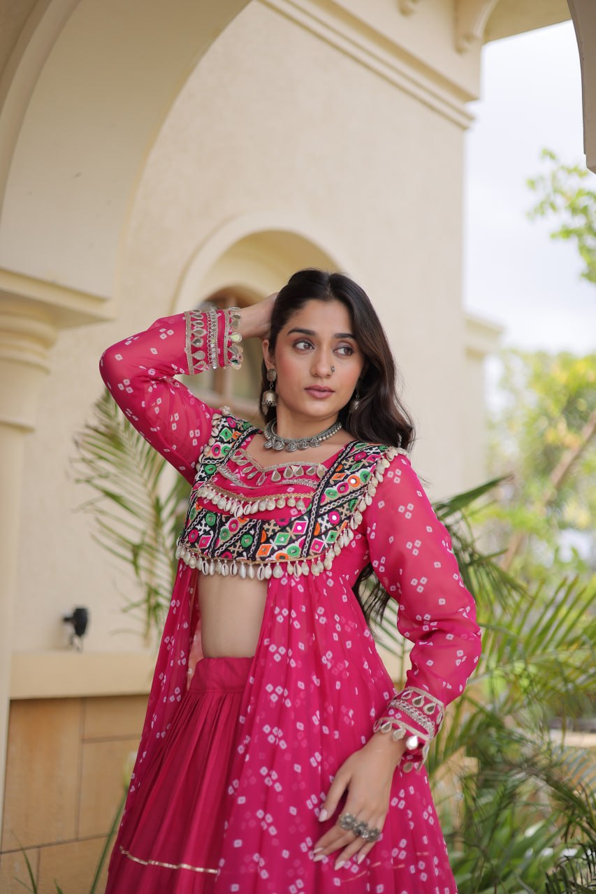 Beautiful Bandhani Kutchi Patchwork Kurti with Flared Lehenga Festive Set