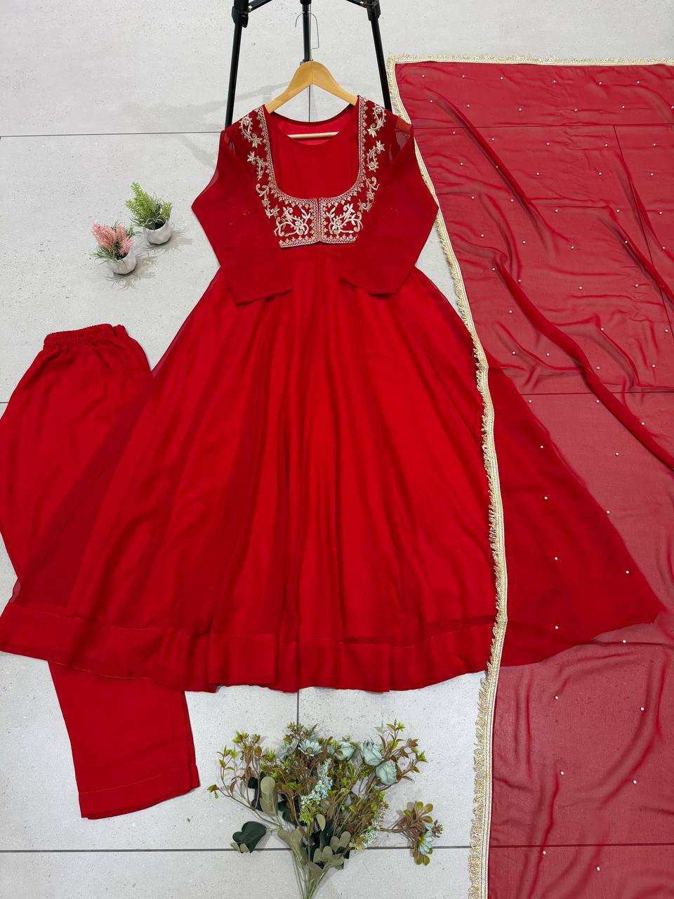 Red Georgette Sequin Embroidered Anarkali Gown Pant with Dupatta for Karwa Chauth Festive Wear