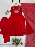 Red Georgette Sequin Embroidered Anarkali Gown Pant with Dupatta for Karwa Chauth Festive Wear