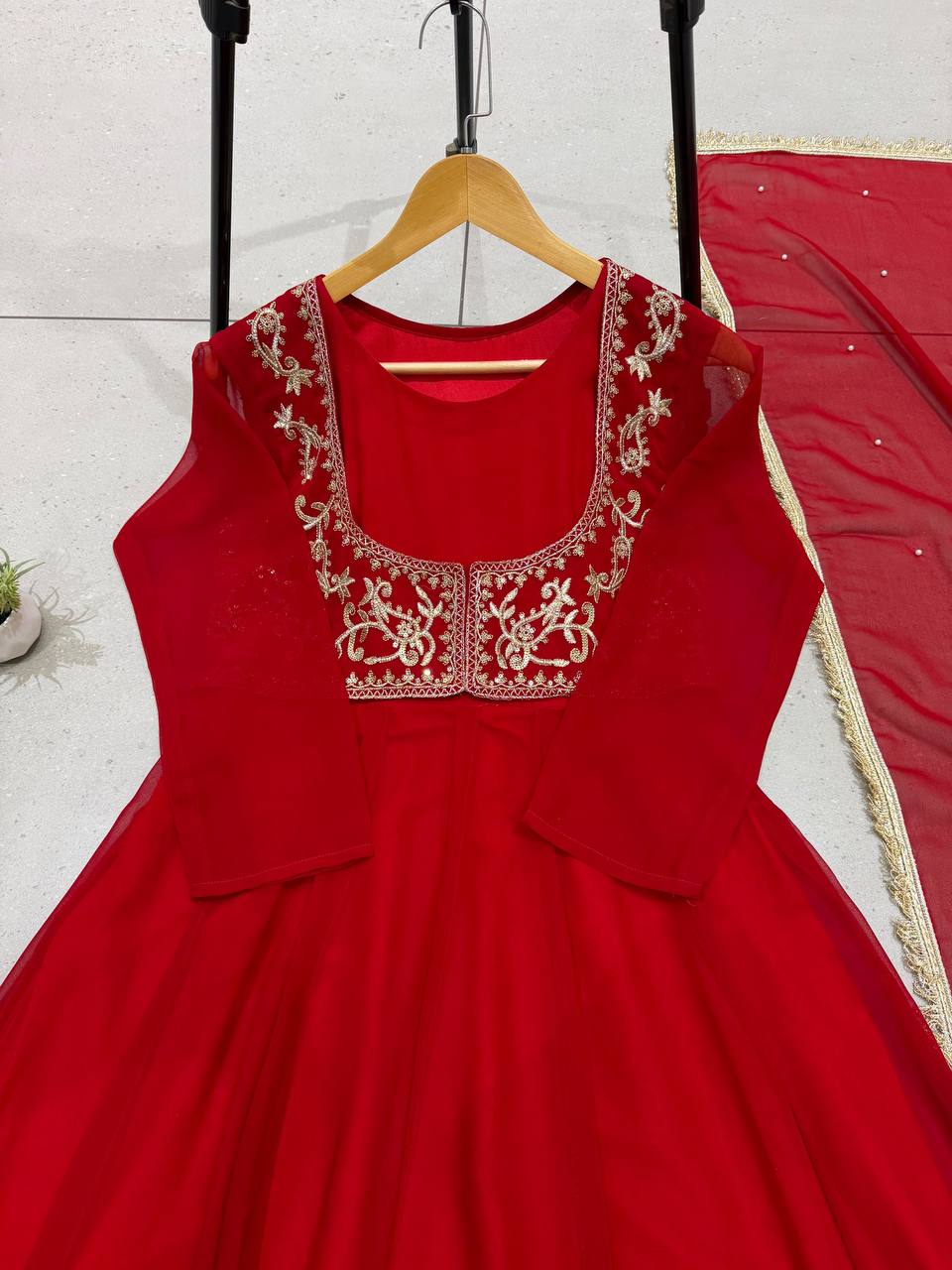 Red Georgette Sequin Embroidered Anarkali Gown Pant with Dupatta for Karwa Chauth Festive Wear