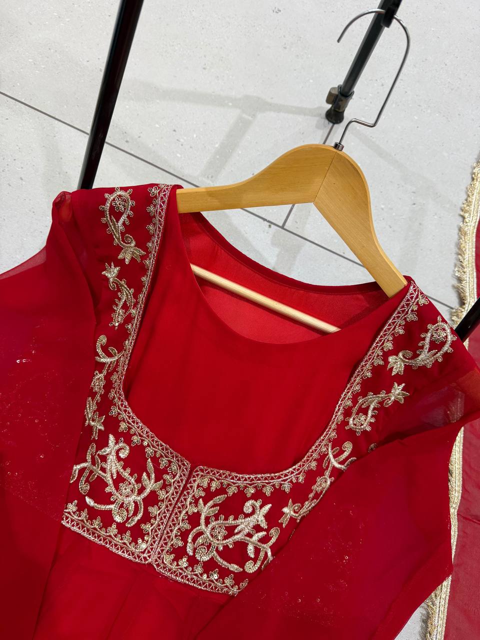 Red Georgette Sequin Embroidered Anarkali Gown Pant with Dupatta for Karwa Chauth Festive Wear