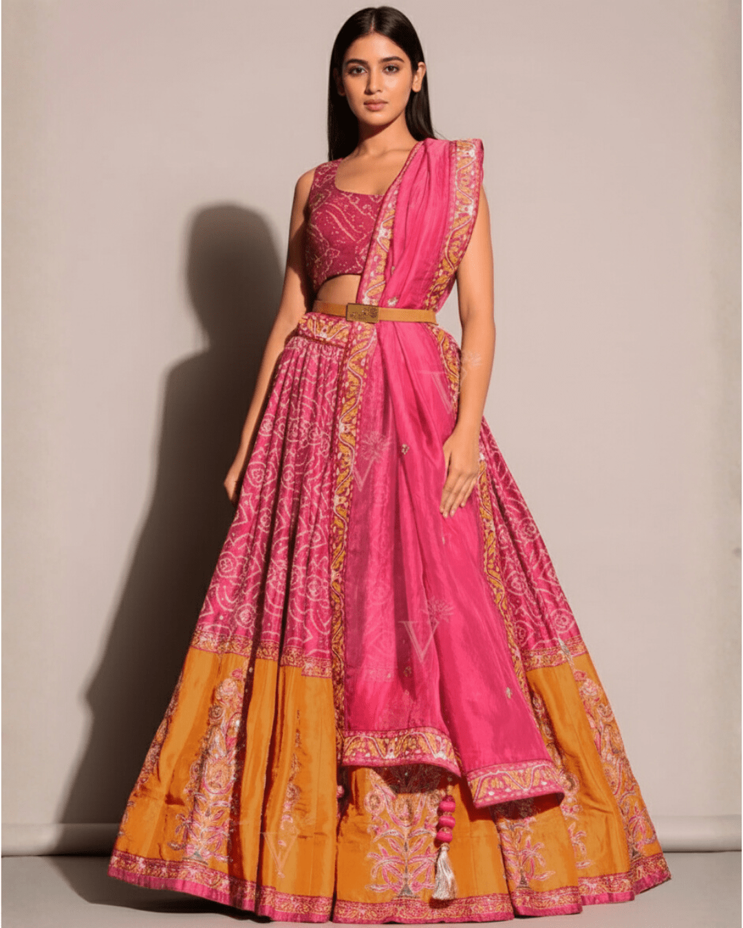Wedding Bandhani Charm – Satin Silk Lehenga Set with Zari & Sequin Work