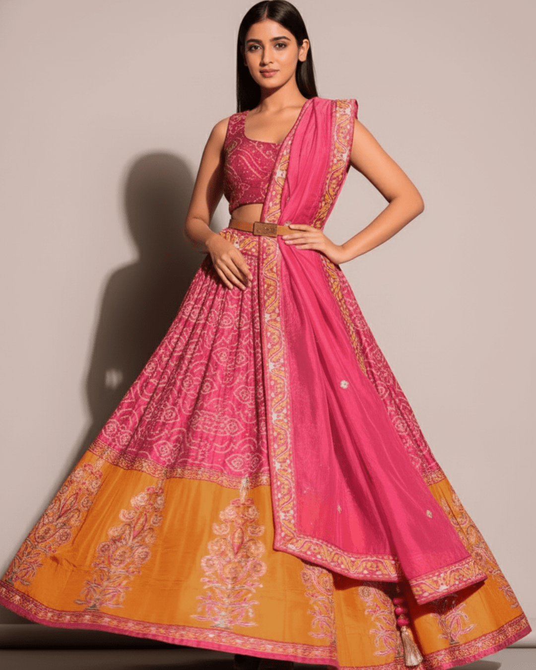 Wedding Bandhani Charm – Satin Silk Lehenga Set with Zari & Sequin Work