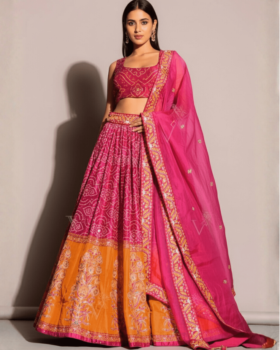 Wedding Bandhani Charm – Satin Silk Lehenga Set with Zari & Sequin Work