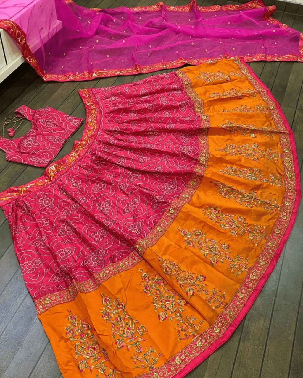 Wedding Bandhani Charm â€“ Satin Silk Lehenga Set with Zari & Sequin Work
