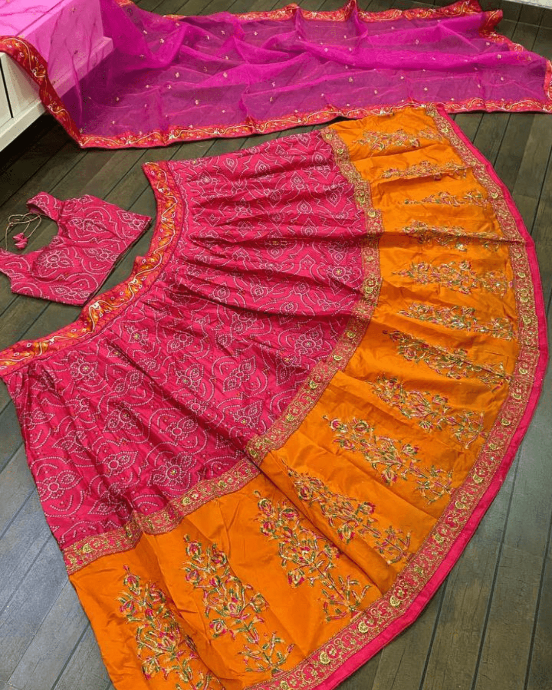 Wedding Bandhani Charm – Satin Silk Lehenga Set with Zari & Sequin Work