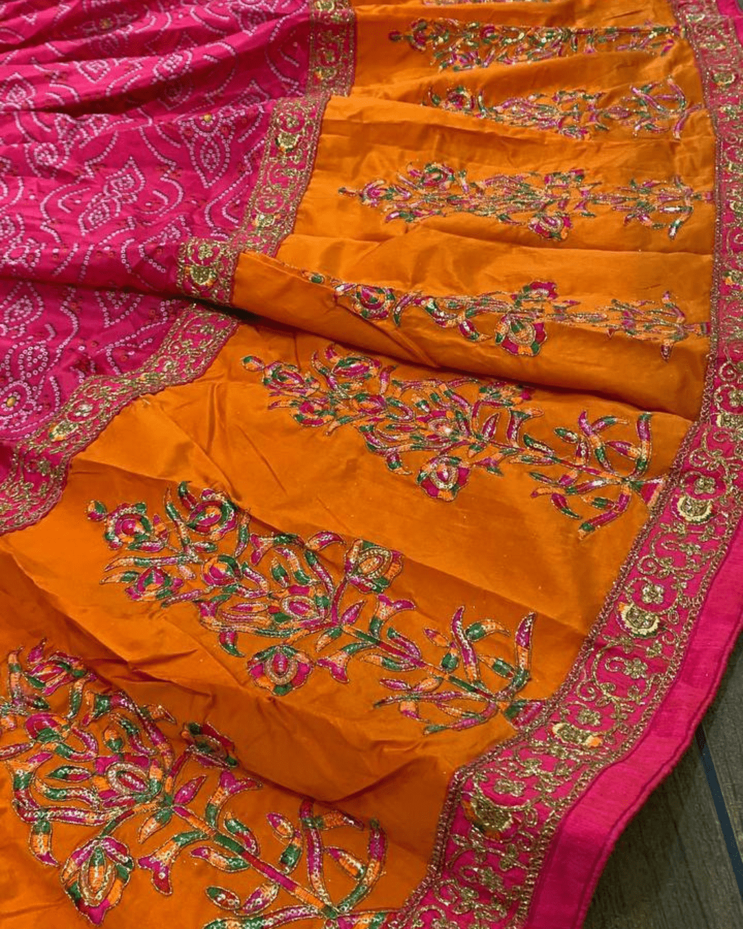 Wedding Bandhani Charm â€“ Satin Silk Lehenga Set with Zari & Sequin Work