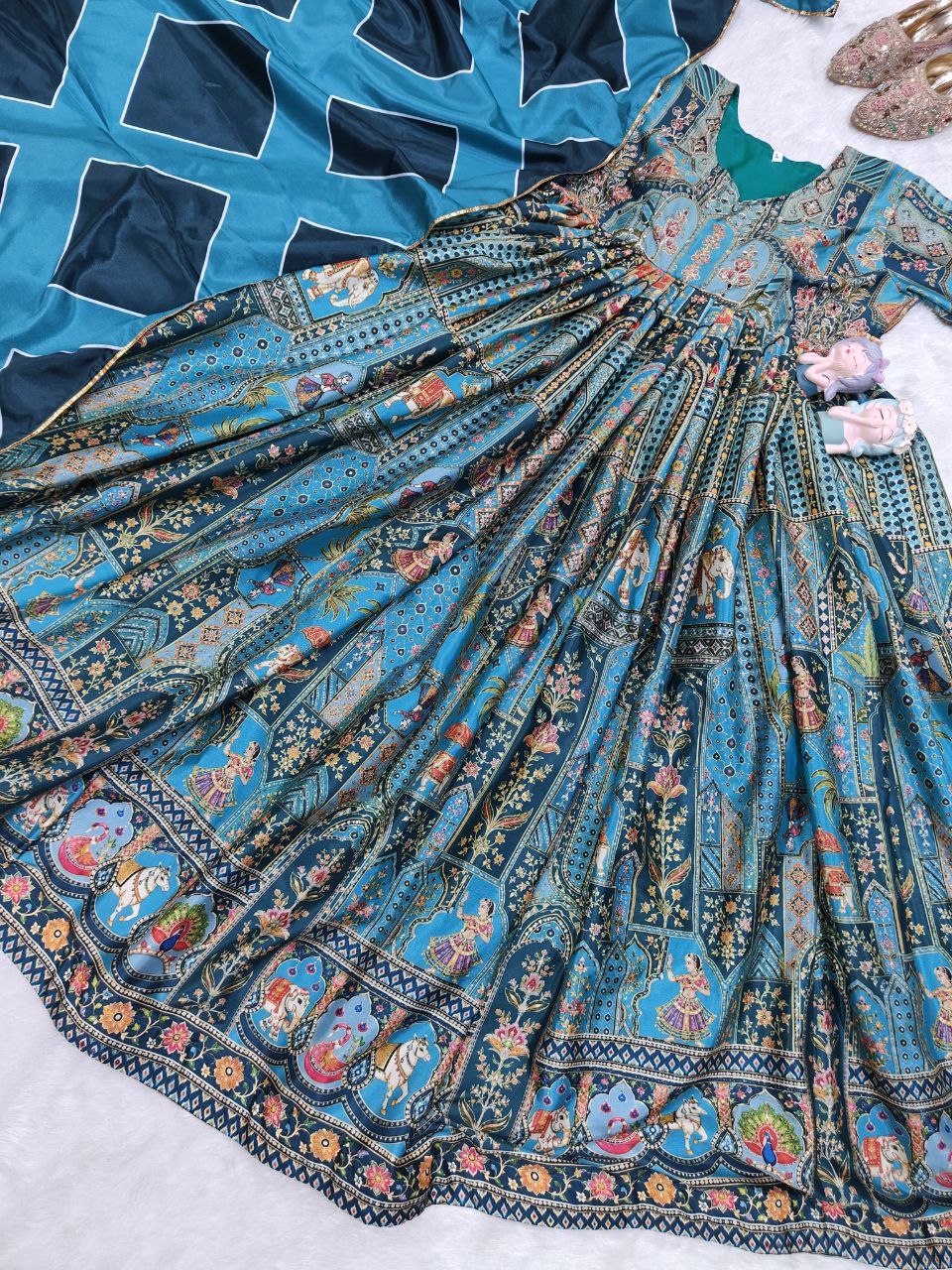 Diwali Teal Chinon Anarkali Gown with Golden Mirror Work & Digital Print Dupatta Set