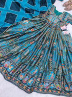 Diwali Teal Chinon Anarkali Gown with Golden Mirror Work & Digital Print Dupatta Set
