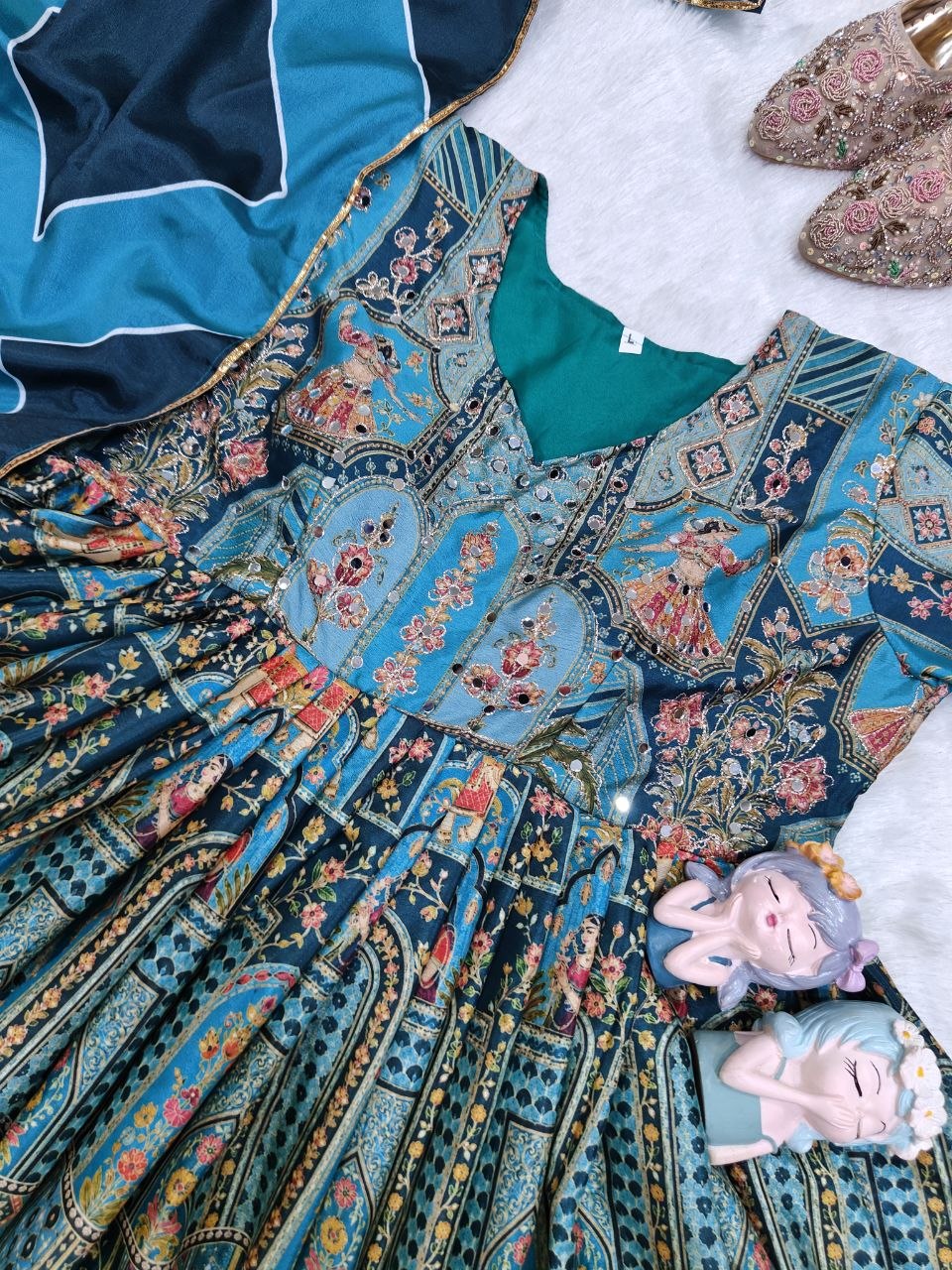 Diwali Teal Chinon Anarkali Gown with Golden Mirror Work & Digital Print Dupatta Set