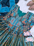 Diwali Teal Chinon Anarkali Gown with Golden Mirror Work & Digital Print Dupatta Set