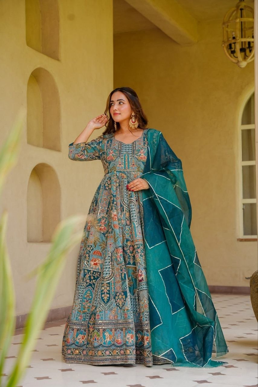 Diwali Teal Chinon Anarkali Gown with Golden Mirror Work & Digital Print Dupatta Set