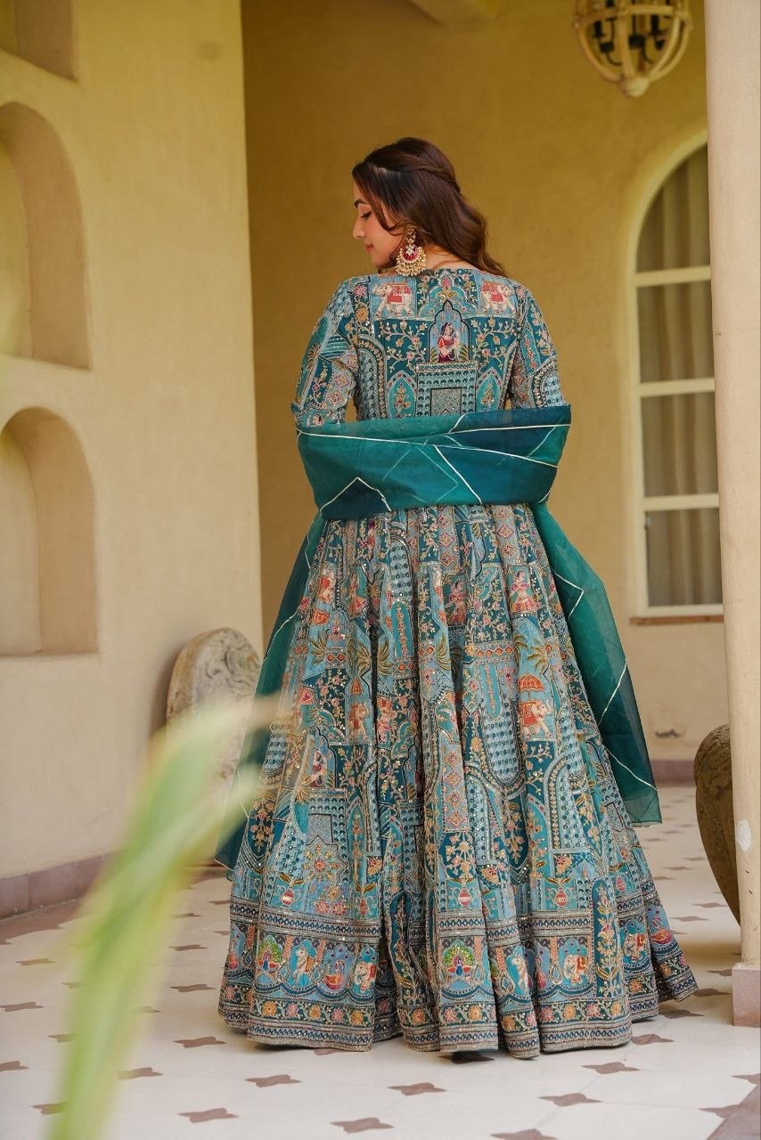 Diwali Teal Chinon Anarkali Gown with Golden Mirror Work & Digital Print Dupatta Set