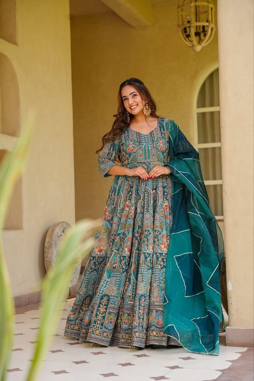 Diwali Teal Chinon Anarkali Gown with Golden Mirror Work & Digital Print Dupatta Set