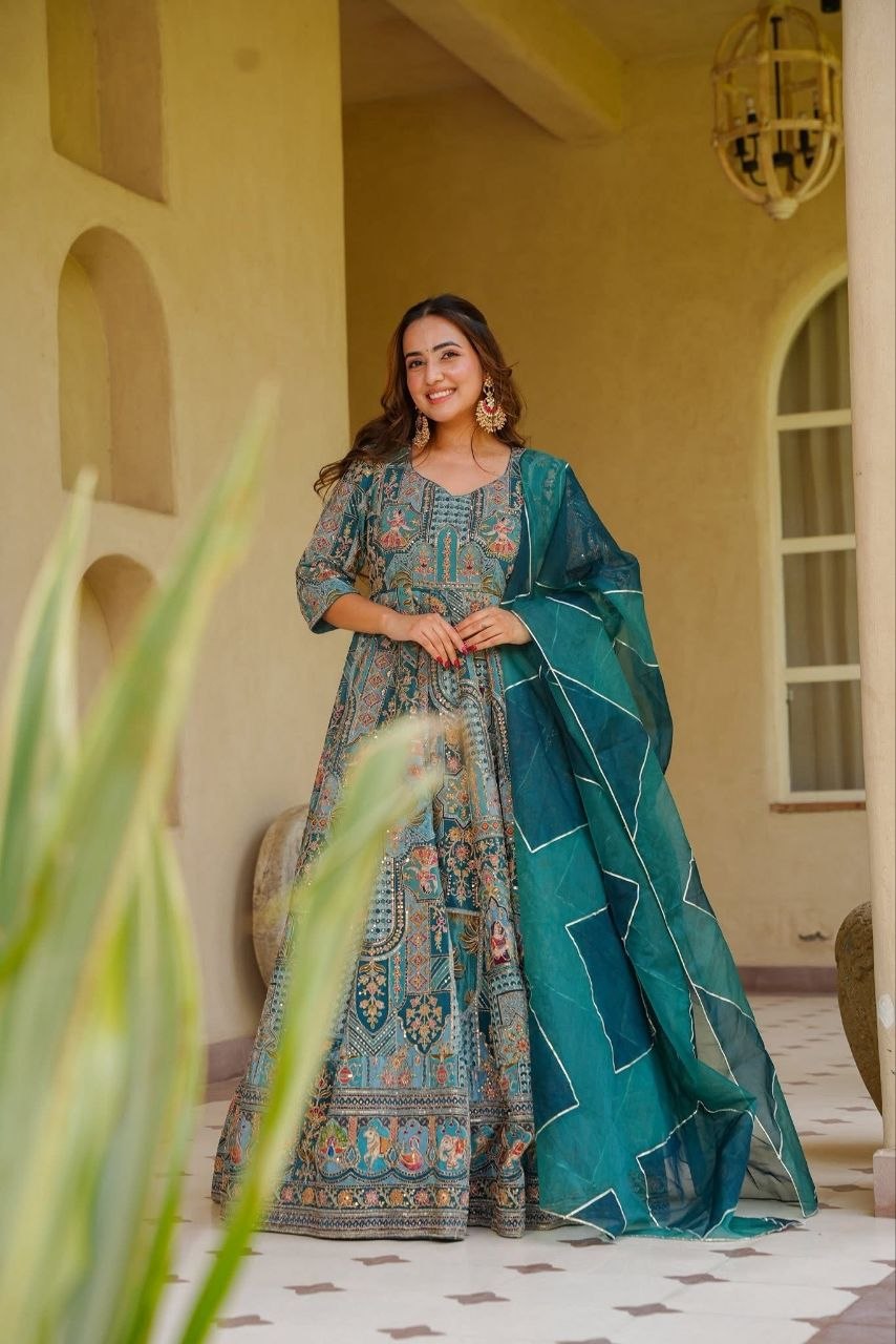 Diwali Teal Chinon Anarkali Gown with Golden Mirror Work & Digital Print Dupatta Set
