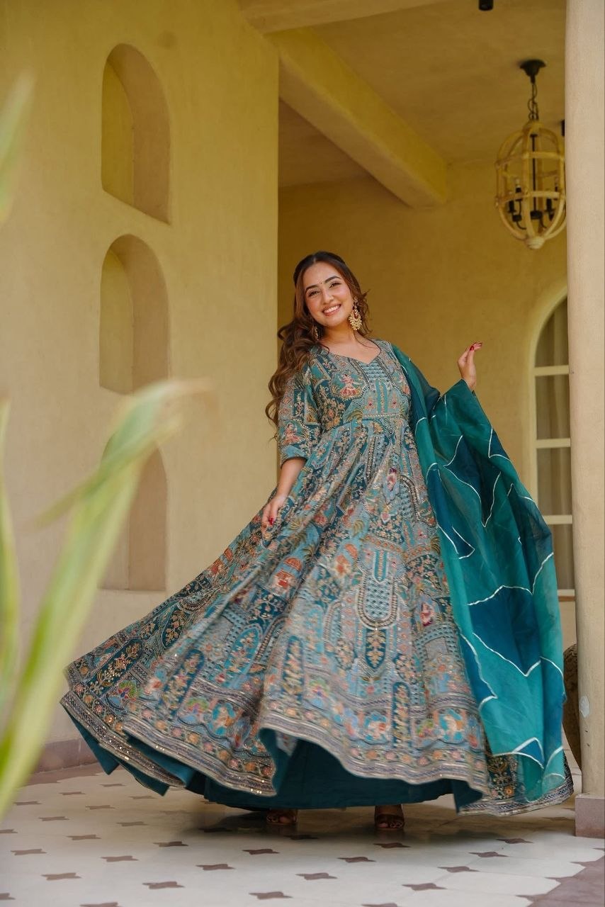 Diwali Teal Chinon Anarkali Gown with Golden Mirror Work & Digital Print Dupatta Set