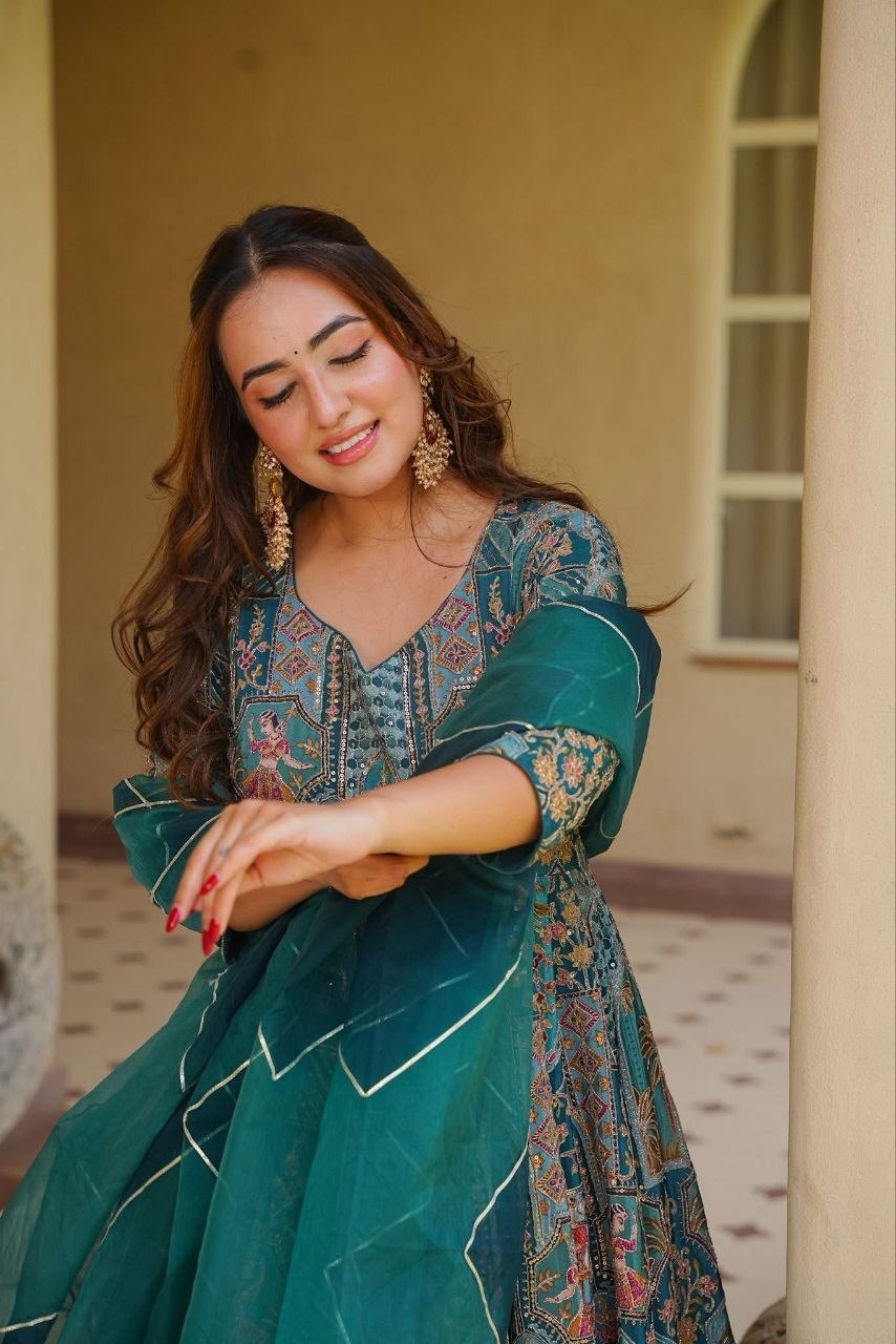 Diwali Teal Chinon Anarkali Gown with Golden Mirror Work & Digital Print Dupatta Set