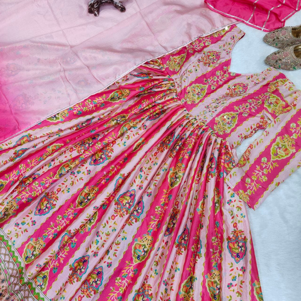 Diwali Special Anarkali Gown Golden Thread & Mirror Work With Two Tone Shade Dupatta