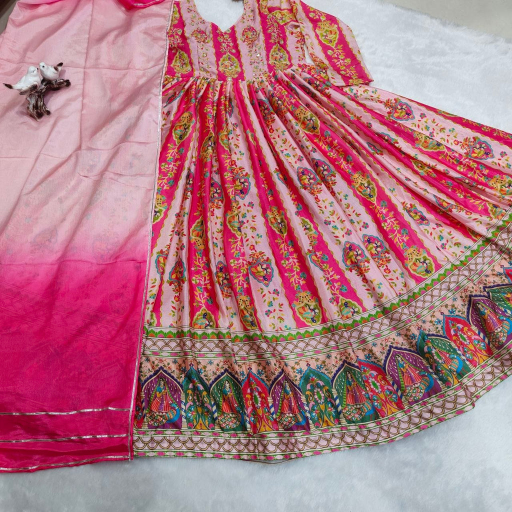 Diwali Special Anarkali Gown Golden Thread & Mirror Work With Two Tone Shade Dupatta