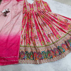 Diwali Special Anarkali Gown Golden Thread & Mirror Work With Two Tone Shade Dupatta