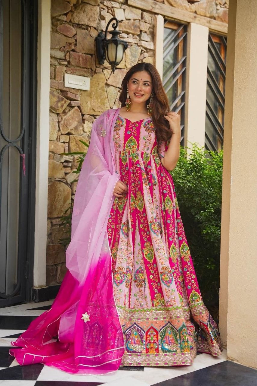 Diwali Special Anarkali Gown Golden Thread & Mirror Work With Two Tone Shade Dupatta