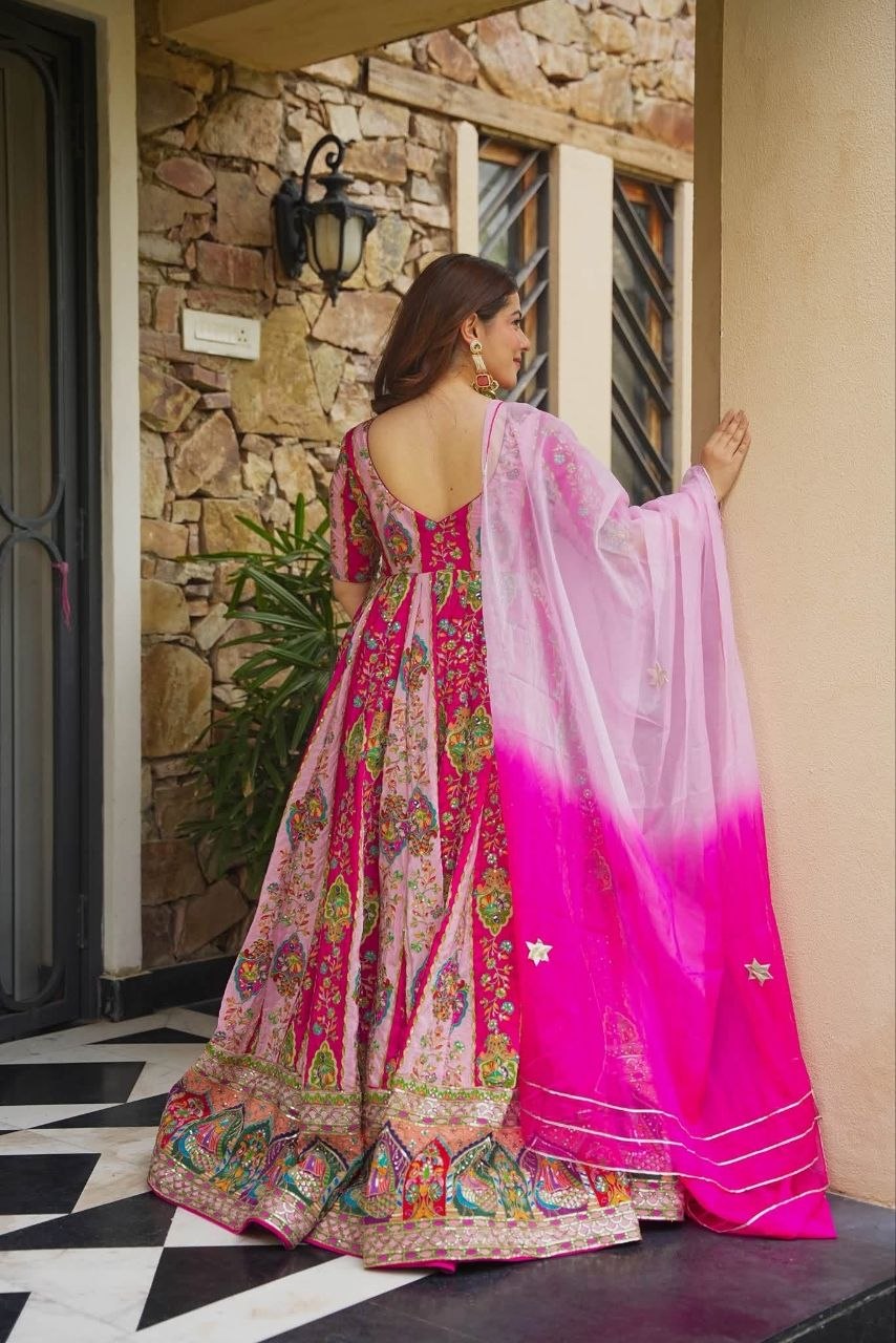 Diwali Special Anarkali Gown Golden Thread & Mirror Work With Two Tone Shade Dupatta
