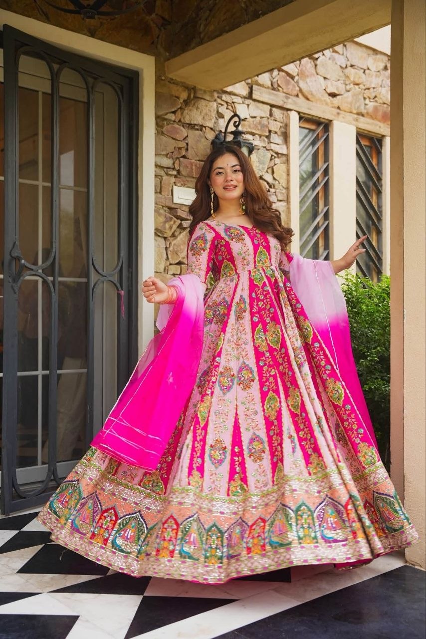 Diwali Special Anarkali Gown Golden Thread & Mirror Work With Two Tone Shade Dupatta