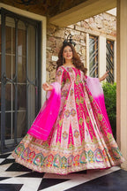 Diwali Special Anarkali Gown Golden Thread & Mirror Work With Two Tone Shade Dupatta
