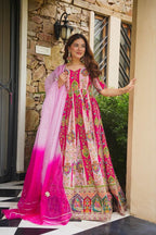 Diwali Special Anarkali Gown Golden Thread & Mirror Work With Two Tone Shade Dupatta