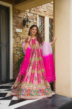 Diwali Special Anarkali Gown Golden Thread & Mirror Work With Two Tone Shade Dupatta