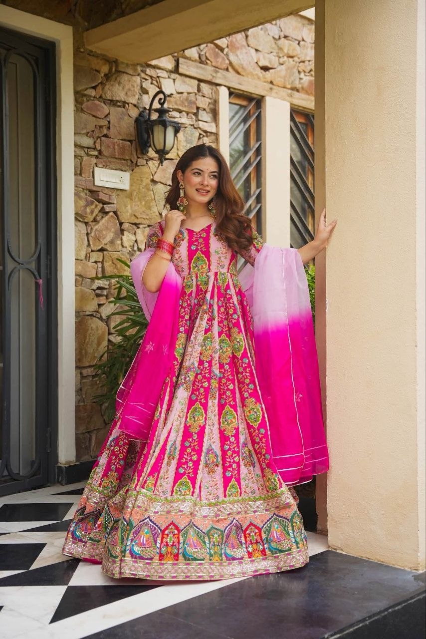 Diwali Special Anarkali Gown Golden Thread & Mirror Work With Two Tone Shade Dupatta