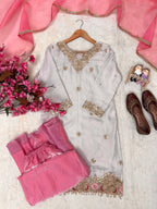 Festive Special Silk sequins & zari embroidery work With Handwork Kurti Palazzo With Dupatta