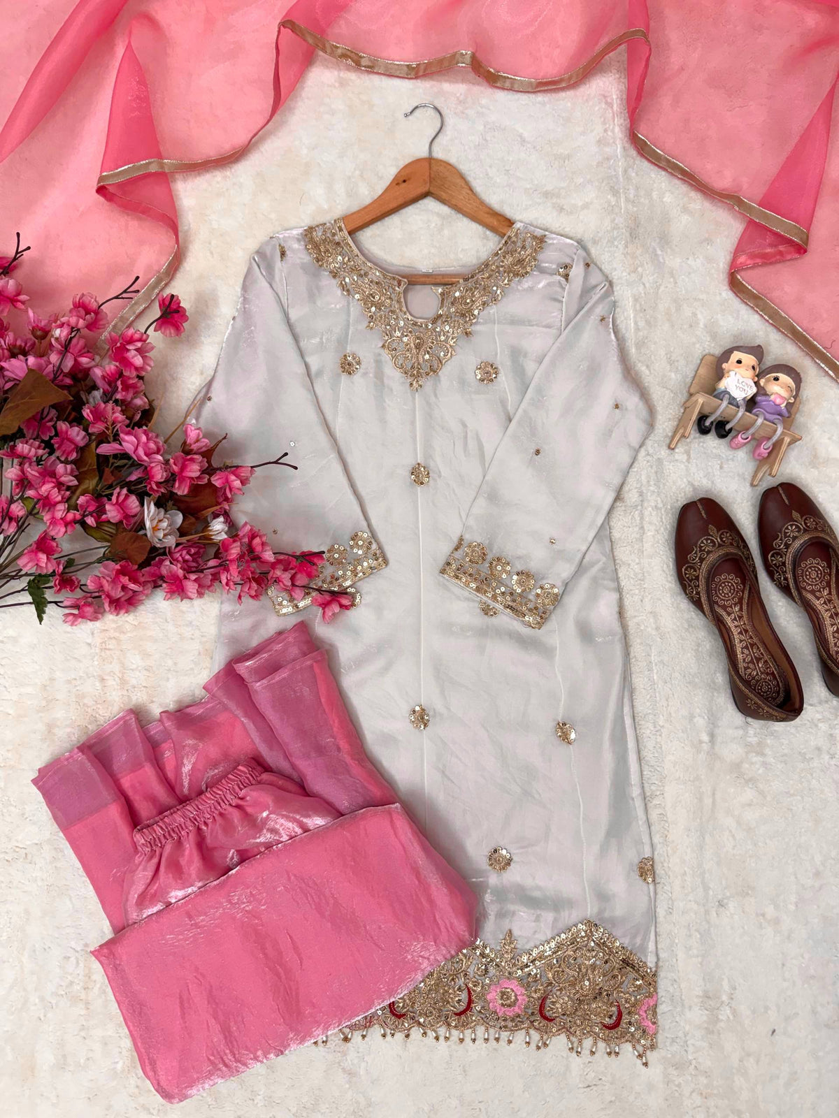 Festive Special Silk sequins & zari embroidery work With Handwork Kurti Palazzo With Dupatta