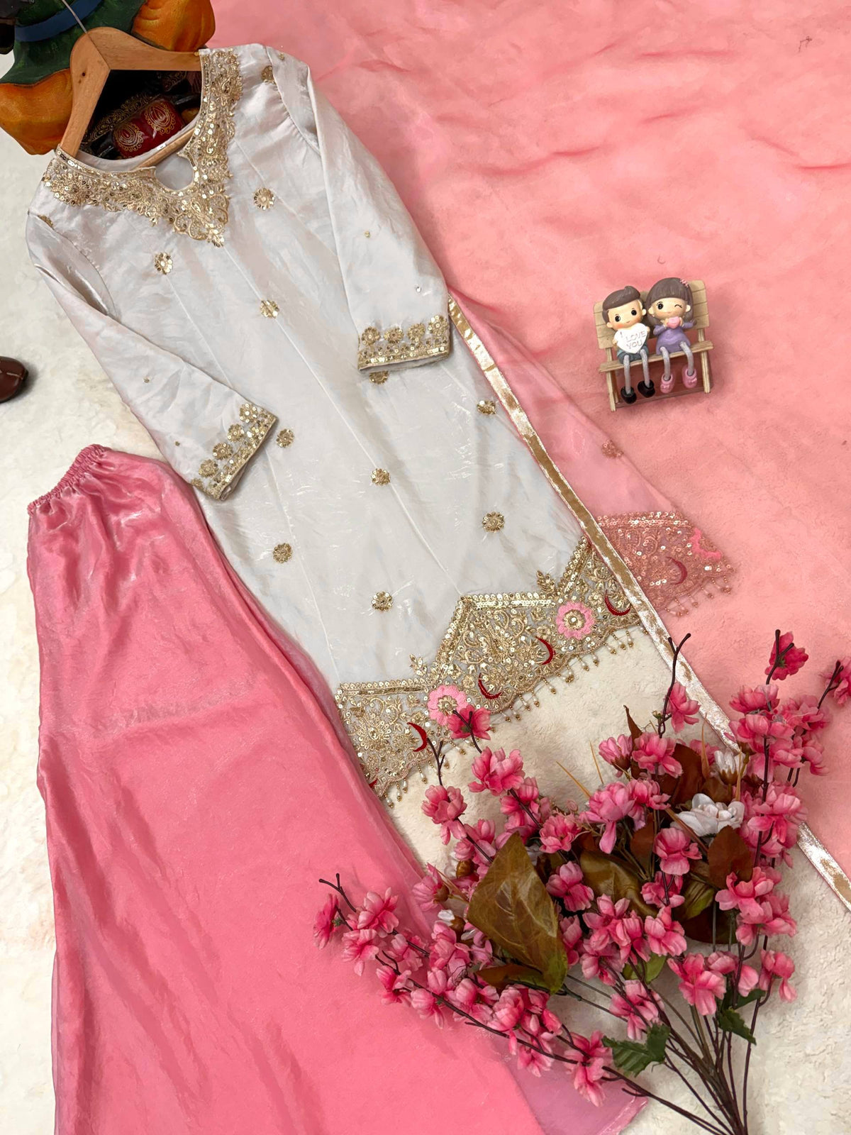 Festive Special Silk sequins & zari embroidery work With Handwork Kurti Palazzo With Dupatta