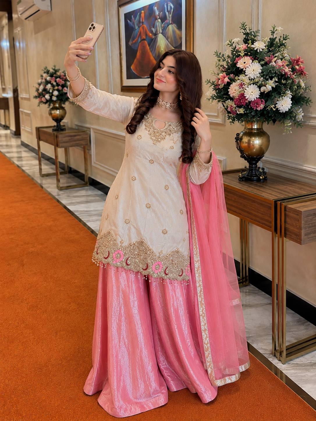 Festive Special Silk sequins & zari embroidery work With Handwork Kurti Palazzo With Dupatta