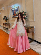 Festive Special Silk sequins & zari embroidery work With Handwork Kurti Palazzo With Dupatta