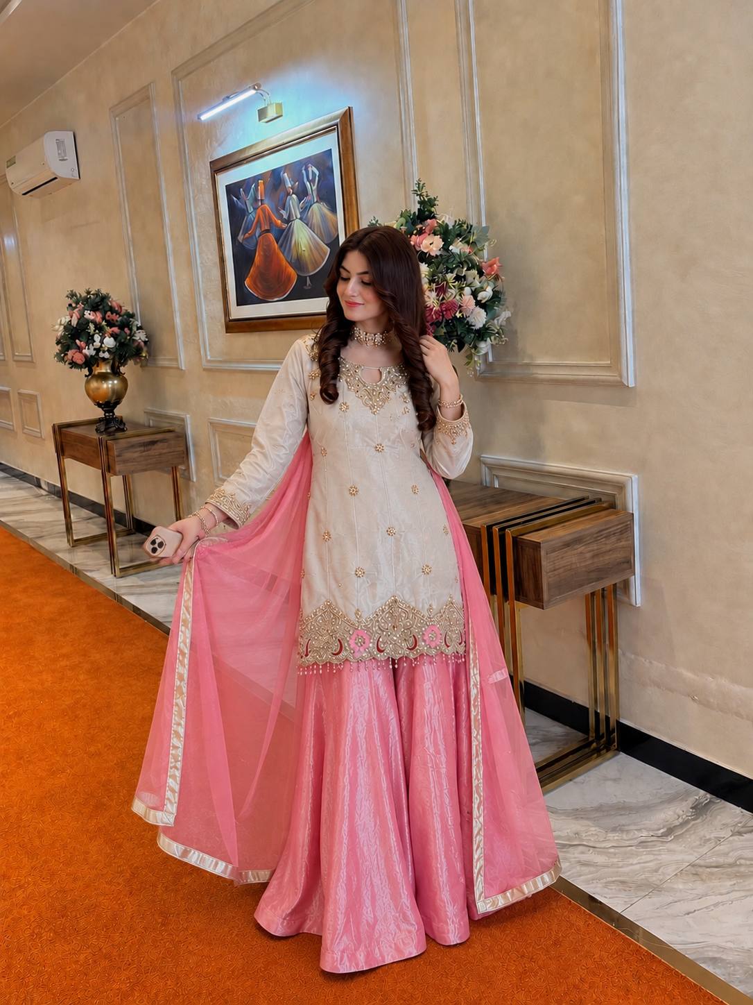 Festive Special Silk sequins & zari embroidery work With Handwork Kurti Palazzo With Dupatta