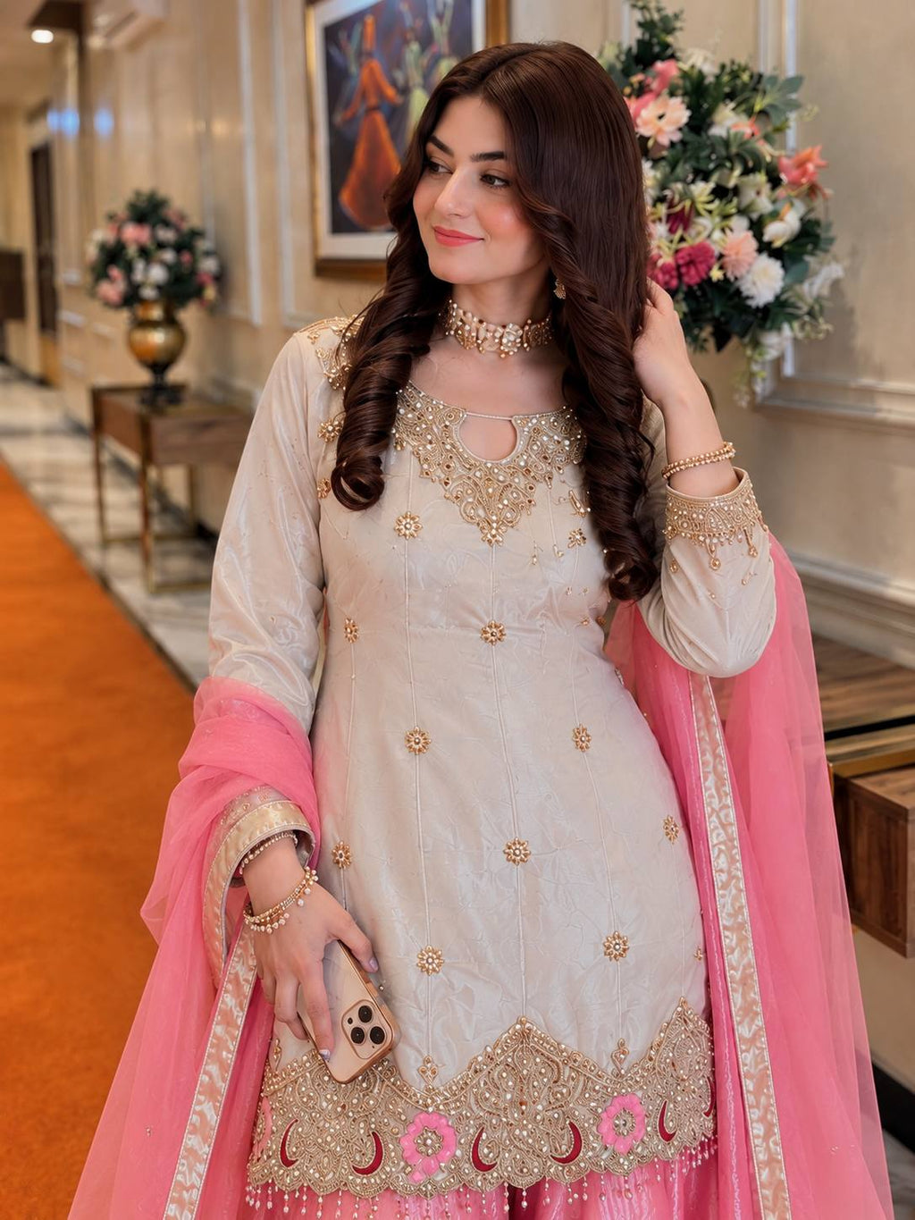 Festive Special Silk sequins & zari embroidery work With Handwork Kurti Palazzo With Dupatta