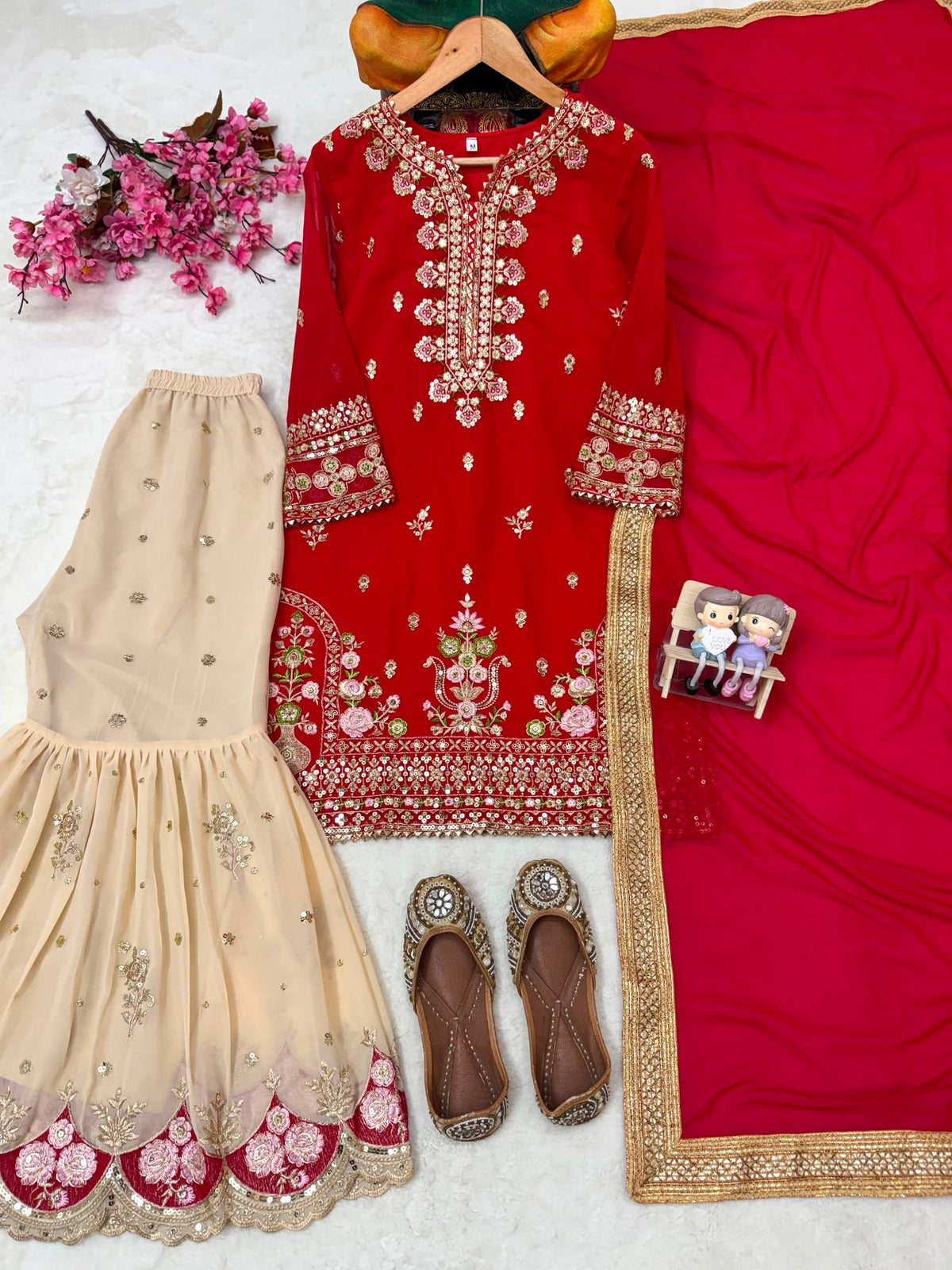 Embroidered Red Georgette Sequence Kurti Sharara With Dupatta For Karwa Chauth & Festive Wear